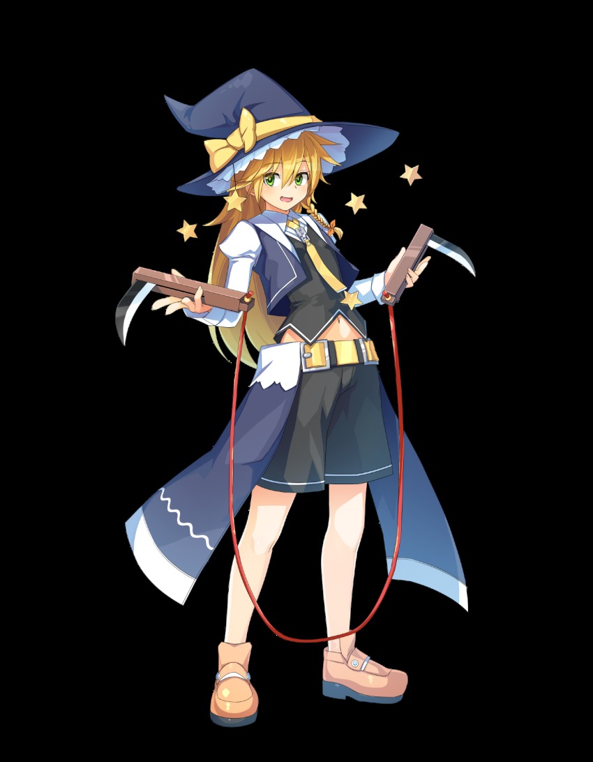 1girl, axl_low, axl_low_(cosplay), belt, black_hat, black_shorts, blonde_hair, bow, braid, commentary_request, cookie_(touhou), cosplay, dual_wielding, fang, female_focus, full_body, green_eyes, guilty_gear, guilty_gear_xrd, hair_between_eyes, hair_bow, hat, hat_bow, highres, holding, holding_weapon, juliet_sleeves, kirisame_marisa, loafers, long_hair, long_sleeves, looking_at_viewer, navel, open_mouth, puffy_sleeves, ruka_(cookie), shoes, shorts, sickle, side_braid, single_braid, sleeveless, smile, solo, standing, star_(symbol), tarmo, touhou, transparent_background, weapon, witch_hat, yellow_bow