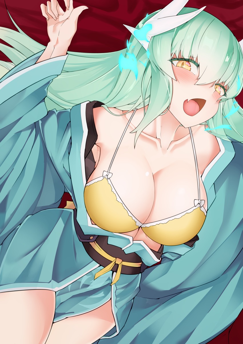 1girl, :o, absurdres, aqua_hair, arm_up, armpits, bad_id, bad_pixiv_id, bare_shoulders, bikini, bikini_top_only, blue_fire, blush, breasts, cleavage, collarbone, colored_eyelashes, cowboy_shot, dragon_horns, dutch_angle, fang, fate/grand_order, fate_(series), fire, from_above, gradient_hair, hair_between_eyes, highres, horns, japanese_clothes, kimono, kiyohime_(fate), kiyohime_(swimsuit_lancer)_(first_ascension)_(fate), large_breasts, long_hair, long_sleeves, looking_at_viewer, looking_up, multicolored_hair, off_shoulder, open_clothes, open_kimono, open_mouth, red_background, ribbon, sash, shiny_skin, standing, swimsuit, thighs, tsurime, unitnotakoyaki, very_long_hair, white_hair, wide_sleeves, yellow_bikini, yellow_ribbon