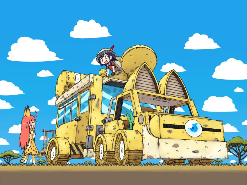 10s, 2girls, :d, ^_^, ahoge, animal_ears, animal_print, backpack