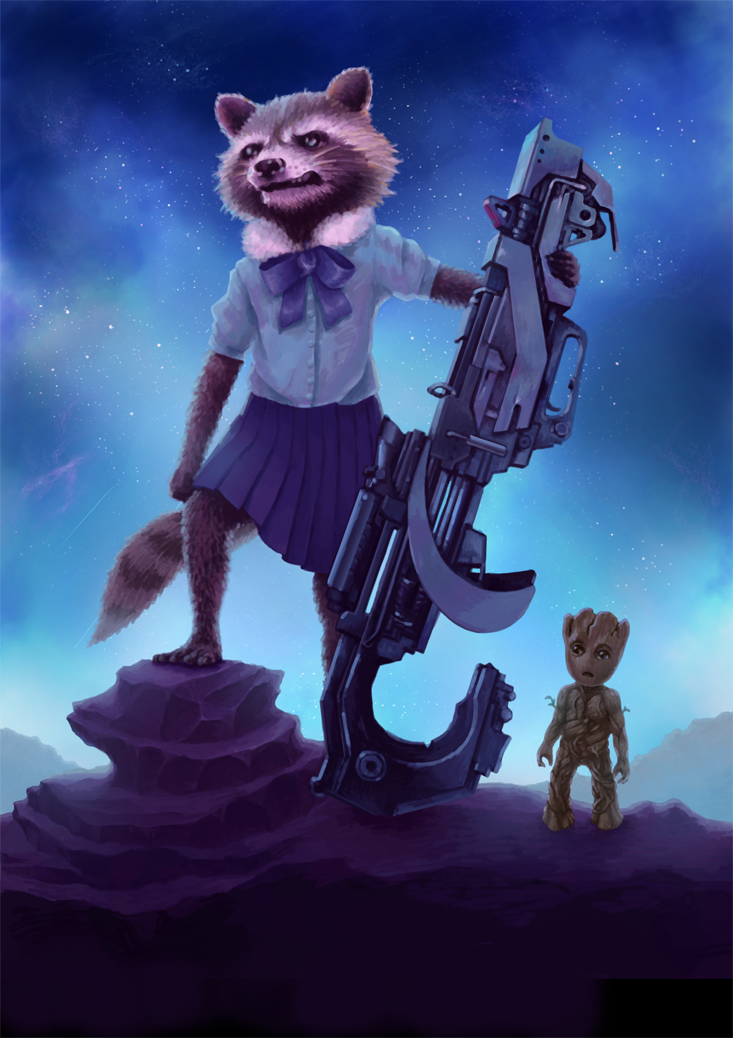 10s, arm_at_side, black_eyes, blue_bow, blue_shirt, blue_skirt, bow, brown_eyes, clenched_teeth, common_raccoon_(kemono_friends), common_raccoon_(kemono_friends)_(cosplay), cosplay, full_body, fur_trim, furry, groot, guardians_of_the_galaxy, gun, highres, holding, holding_gun, holding_weapon, jing_fu, kemono_friends, looking_away, marvel, night, outdoors, parted_lips, pleated_skirt, raccoon, rifle, rocket_raccoon, shirt, skirt, sky, standing, star_(sky), starry_sky, teeth, weapon