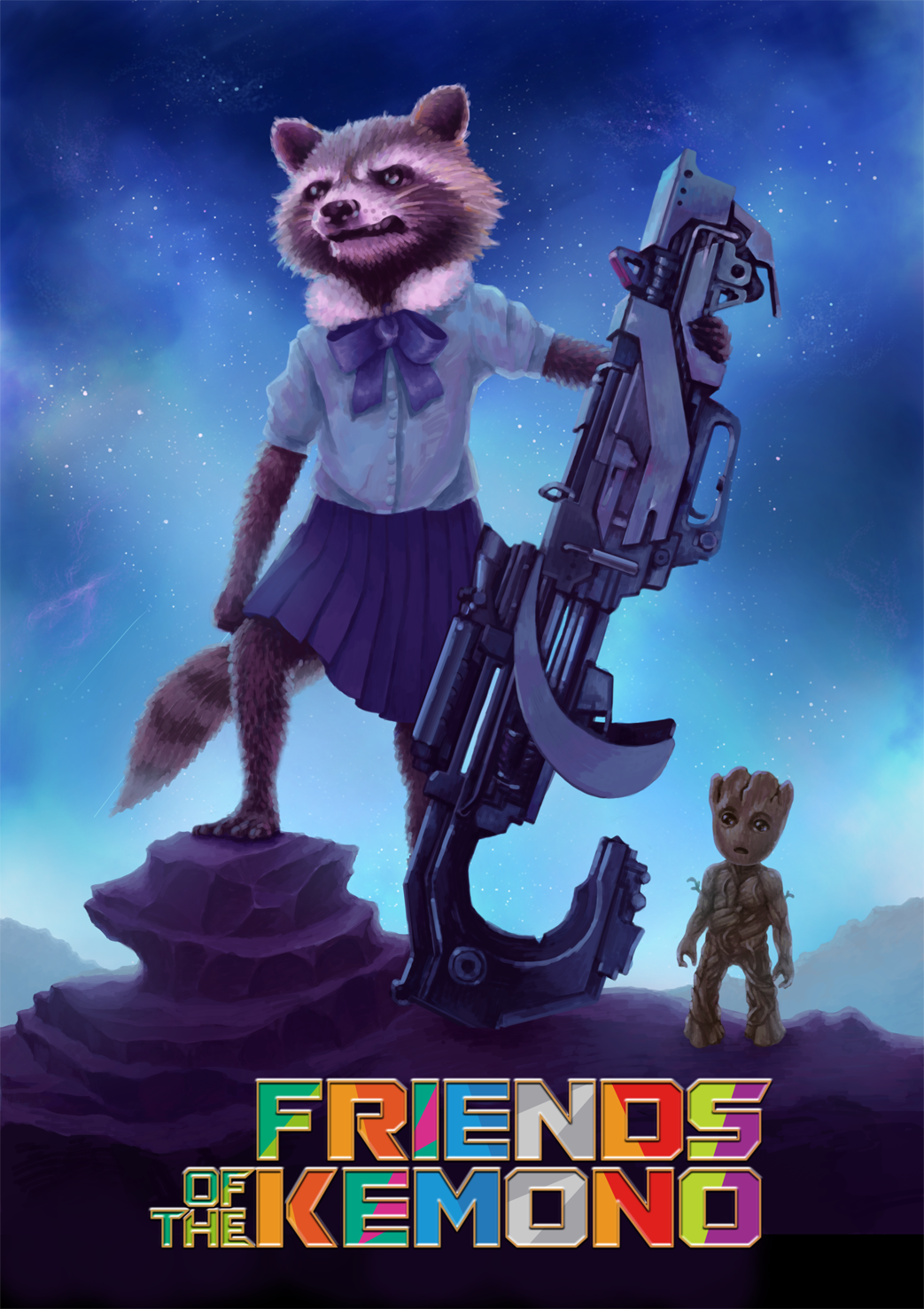 10s, arm_at_side, black_eyes, blue_bow, blue_shirt, blue_skirt, bow, brown_eyes, clenched_teeth, common_raccoon_(kemono_friends), common_raccoon_(kemono_friends)_(cosplay), copyright_name, cosplay, english_text, full_body, fur_trim, furry, groot, guardians_of_the_galaxy, gun, highres, holding, holding_gun, holding_weapon, jing_fu, kemono_friends, looking_away, marvel, night, outdoors, parted_lips, pleated_skirt, raccoon, rifle, rocket_raccoon, romaji_text, shirt, skirt, sky, standing, star_(sky), starry_sky, teeth, weapon