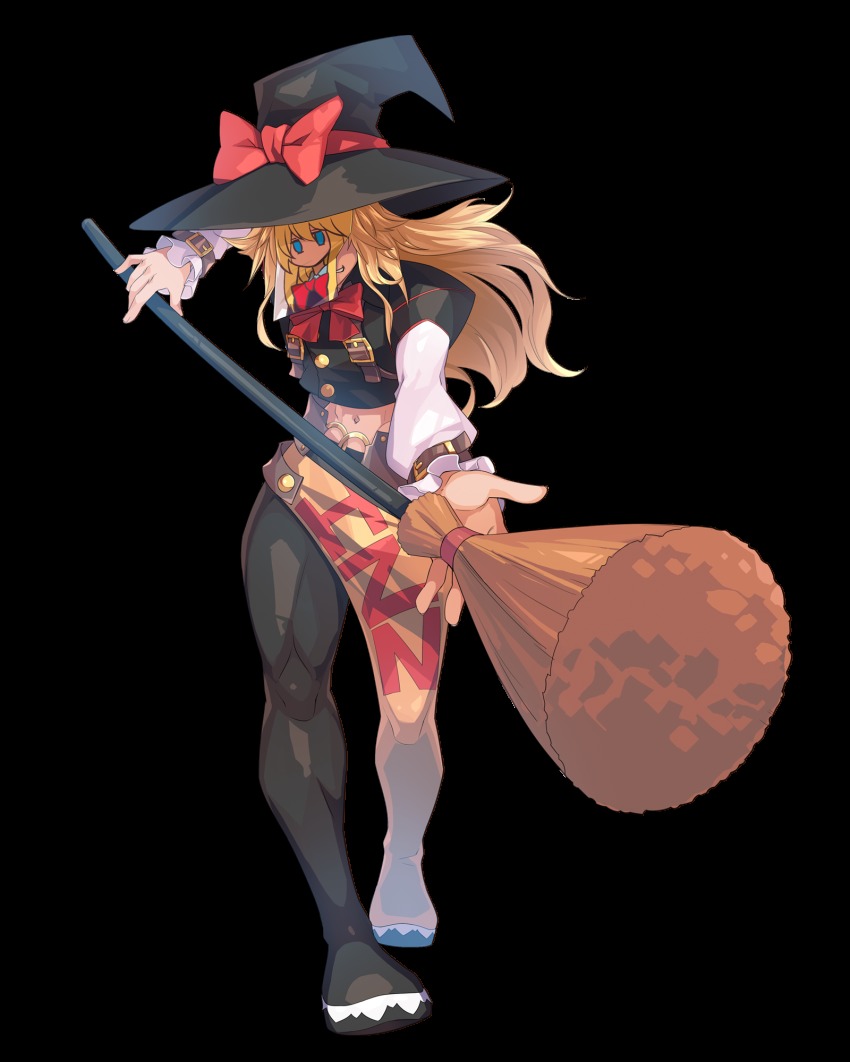 1boy, belt, black_hat, blonde_hair, bow, bowtie, broom, cookie_(touhou)