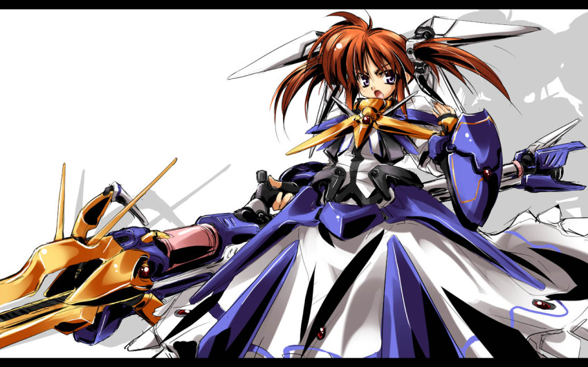 10s, 1girl, alternate_costume, alternate_weapon, angry, armor, delusion_overdose, dress, female_focus, fingerless_gloves, gloves, huge_weapon, letterboxed, lyrical_nanoha, magical_girl, mahou_shoujo_lyrical_nanoha, mahou_shoujo_lyrical_nanoha_movie, mahou_shoujo_lyrical_nanoha_the_movie_1st, matsuno_canel, mecha, mecha_musume, open_mouth, orange_hair, purple_eyes, raising_heart, robot, shadow, shield, short_twintails, solo, standing, takamachi_nanoha, twintails, weapon