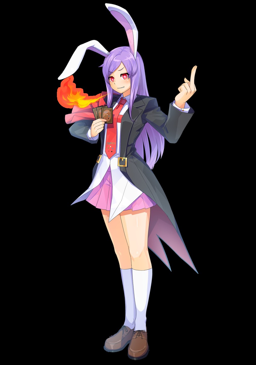 1girl, animal_ears, black_coat, blush, breath_weapon, breathing_fire, brown_shoes, coat, collared_shirt, cookie_(touhou), cosplay, female_focus, fire, full_body, guilty_gear, guilty_gear_xrd, highres, hisui_(cookie), kneehighs, long_hair, long_sleeves, looking_at_viewer, magic:_the_gathering, middle_finger, necktie, open_clothes, open_coat, pink_skirt, pleated_skirt, purple_hair, pyrokinesis, rabbit_ears, red_eyes, red_necktie, reisen_udongein_inaba, shirt, shoes, sidelocks, skirt, slayer_(guilty_gear), slayer_(guilty_gear)_(cosplay), smirk, socks, solo, standing, swept_bangs, tailcoat, tarmo, touhou, transparent_background, white_shirt, white_socks