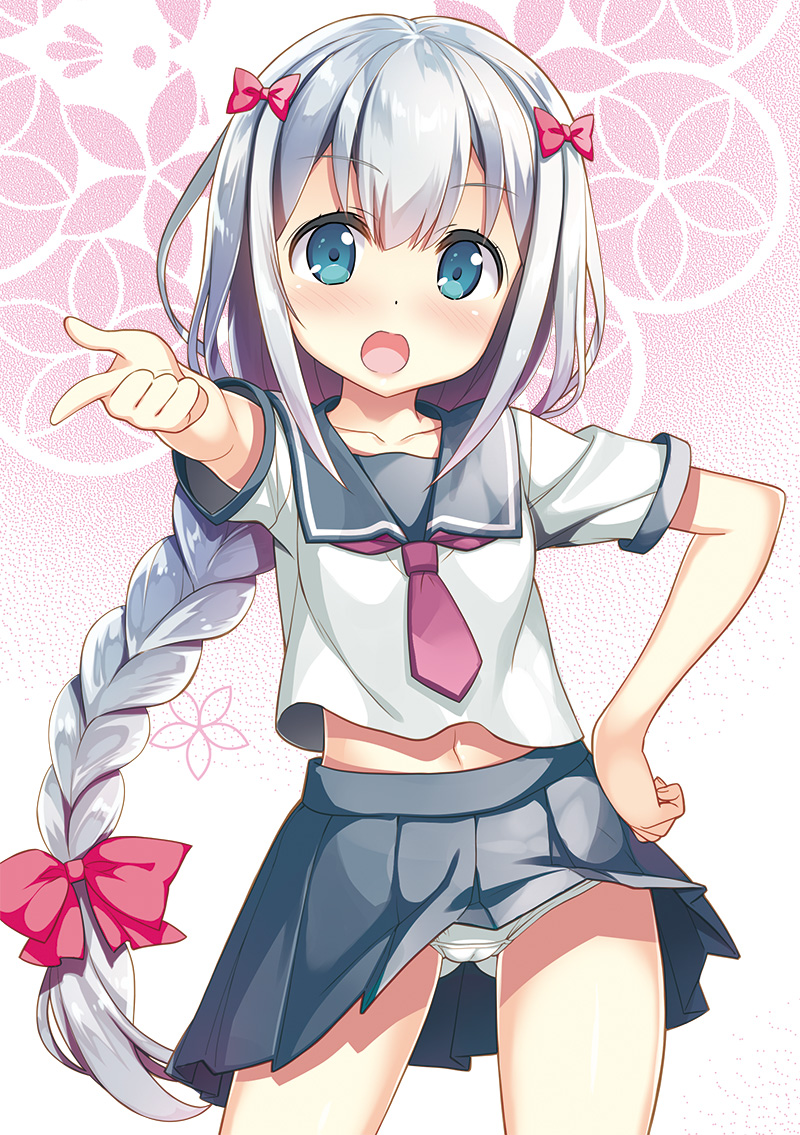 1girl, :o, blush, bow, braid, cameltoe, collarbone, cosplay, creator_connection, eromanga_sensei, eyebrows, female_focus, fujima_takuya, hair_bow, hand_on_own_cheek, hand_on_own_face, izumi_sagiri, jpeg_artifacts, kousaka_kirino, kousaka_kirino_(cosplay), long_hair, looking_at_viewer, midriff_peek, navel, necktie, open_mouth, ore_no_imouto_ga_konna_ni_kawaii_wake_ga_nai, panties, pink_bow, pleated_skirt, pointing, pointing_at_viewer, purple_necktie, school_uniform, shirt, short_sleeves, silver_hair, skirt, solo, underwear, very_long_hair, white_panties, white_shirt