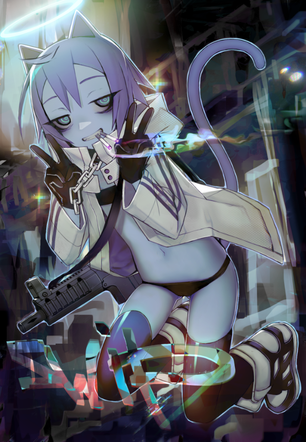 1girl, animal_ears, bags_under_eyes, black_panties, blue_eyes, cameltoe, cat_ears, cat_girl, cat_tail, chain, cigarette, double_v, female_focus, gloves, gluteal_fold, grin, gun, halo, light_purple_hair, navel, original, pale_skin, panties, ringed_eyes, ro47, smile, smoking, solo, tail, thighhighs, underwear, v, weapon