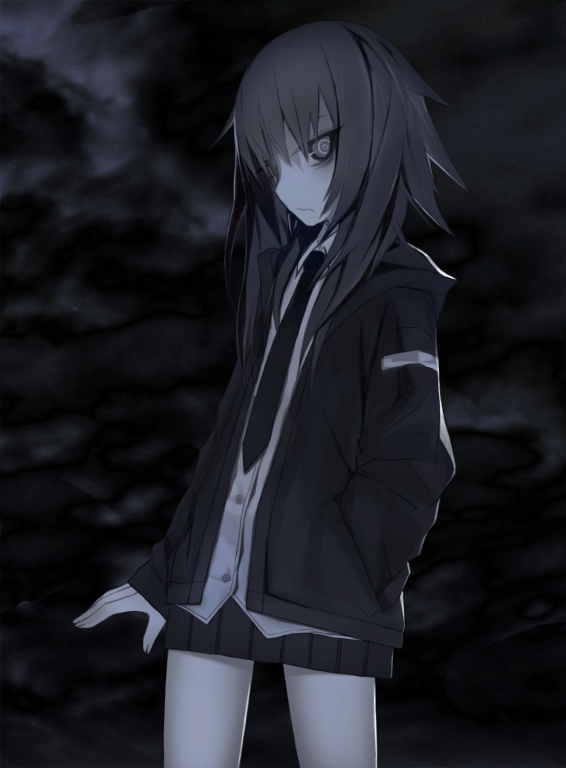 1girl, bags_under_eyes, black_hair, blouse, cloud, dark_cloud, female_focus, hand_in_pocket