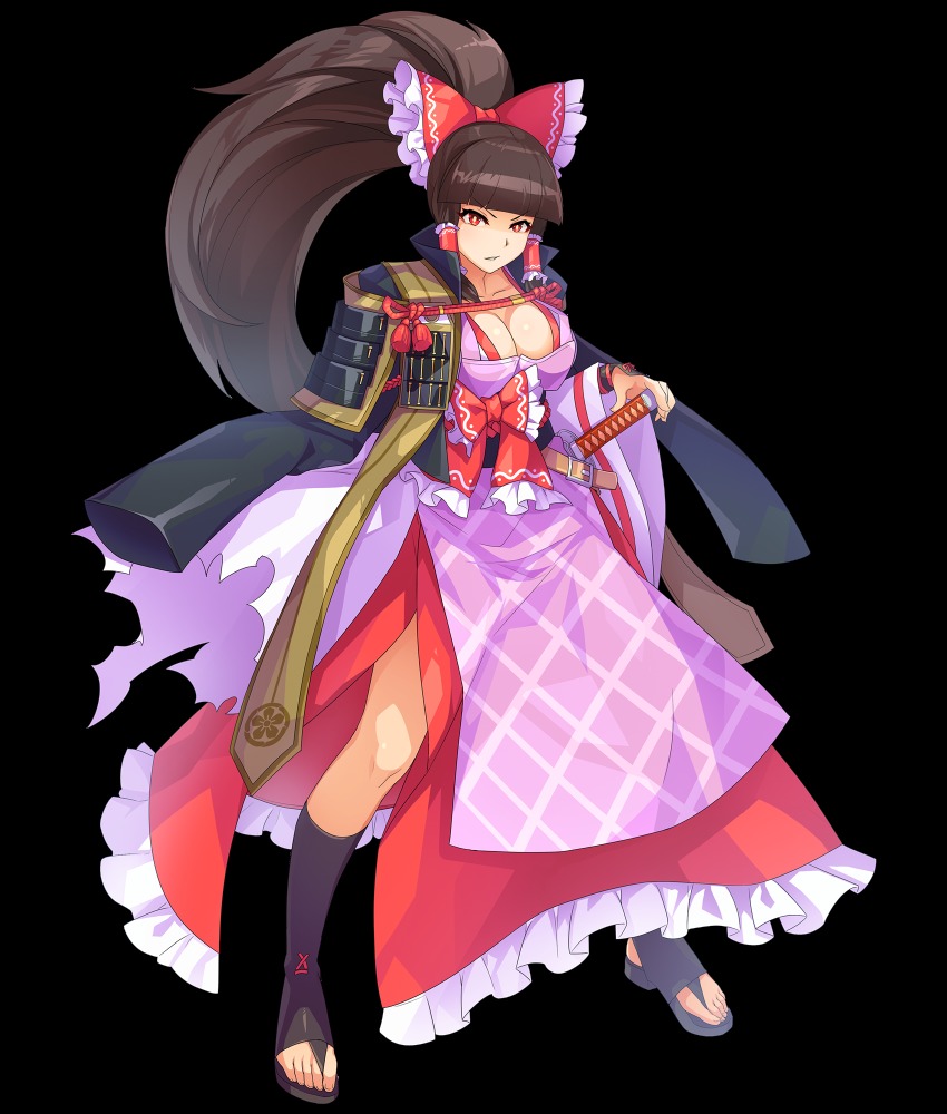 1girl, amputee, apron, baiken, baiken_(cosplay), belt, black_boots, blunt_bangs