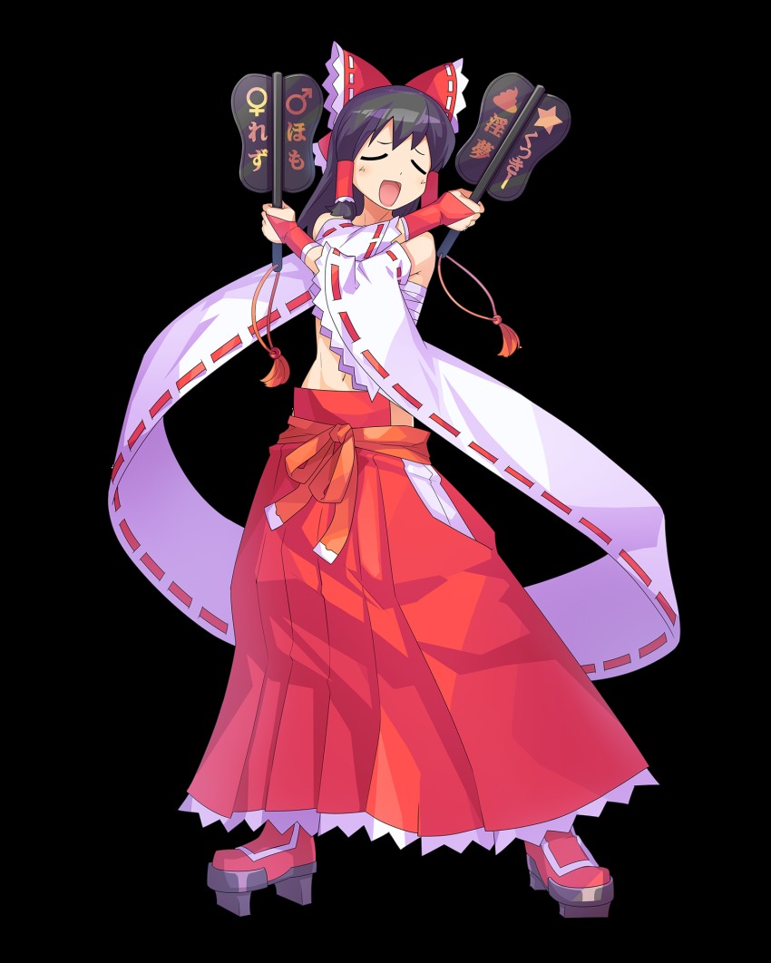 1girl, black_hair, blush, bow, bridal_gauntlets, closed_eyes, cookie_(touhou), cosplay, crossed_arms, detached_sleeves, female_focus, full_body, geta, guilty_gear, hair_bow, hair_tubes, hakurei_reimu, hand_fan, highres, holding, holding_fan, mito_anji, mito_anji_(cosplay), navel, noel_(cookie), open_mouth, red_bow, ribbon-trimmed_sleeves, ribbon_trim, sarashi, smile, solo, standing, stomach, tarmo, touhou, transparent_background, wide_sleeves