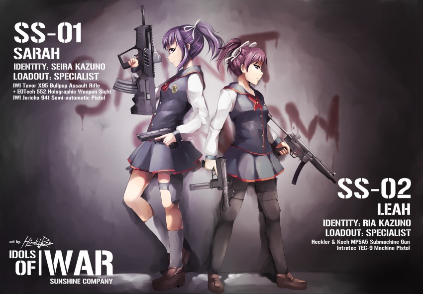 10s, 2girls, assault_rifle, asymmetrical_dual_wielding, bow, bullpup, carbine, dual_wielding