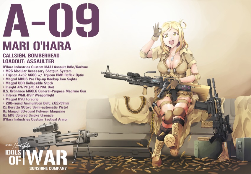 10s, 1girl, ammunition, ammunition_belt, ammunition_box, assault_rifle, beretta_90two, blonde_hair, bolt-action_shotgun, bolt_action, boots, braid, breasts, bullpup, cartridge, cleavage, crown_braid, dog_tags, english_text, gun, hair_rings, handgun, highres, hiroki_ree, knee_pads, love_live!, love_live!_sunshine!!, m26-mass, m4_carbine, m60_(machine_gun), machine_gun, modular_weapon_system, ohara_mari, ok_sign, open_mouth, rifle, shotgun, skindentation, sniper_rifle, straight-pull_shotgun, straight_pull, suppressor, transforming_weapon, under-barrel_configuration, underbarrel_shotgun, walther, walther_wa_2000, weapon, yellow_boots, yellow_eyes