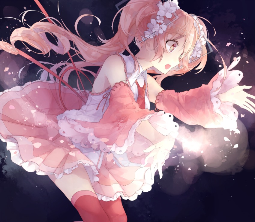 1girl, detached_sleeves, female_focus, flower, from_side, hair_flower, hair_ornament, hatsune_miku