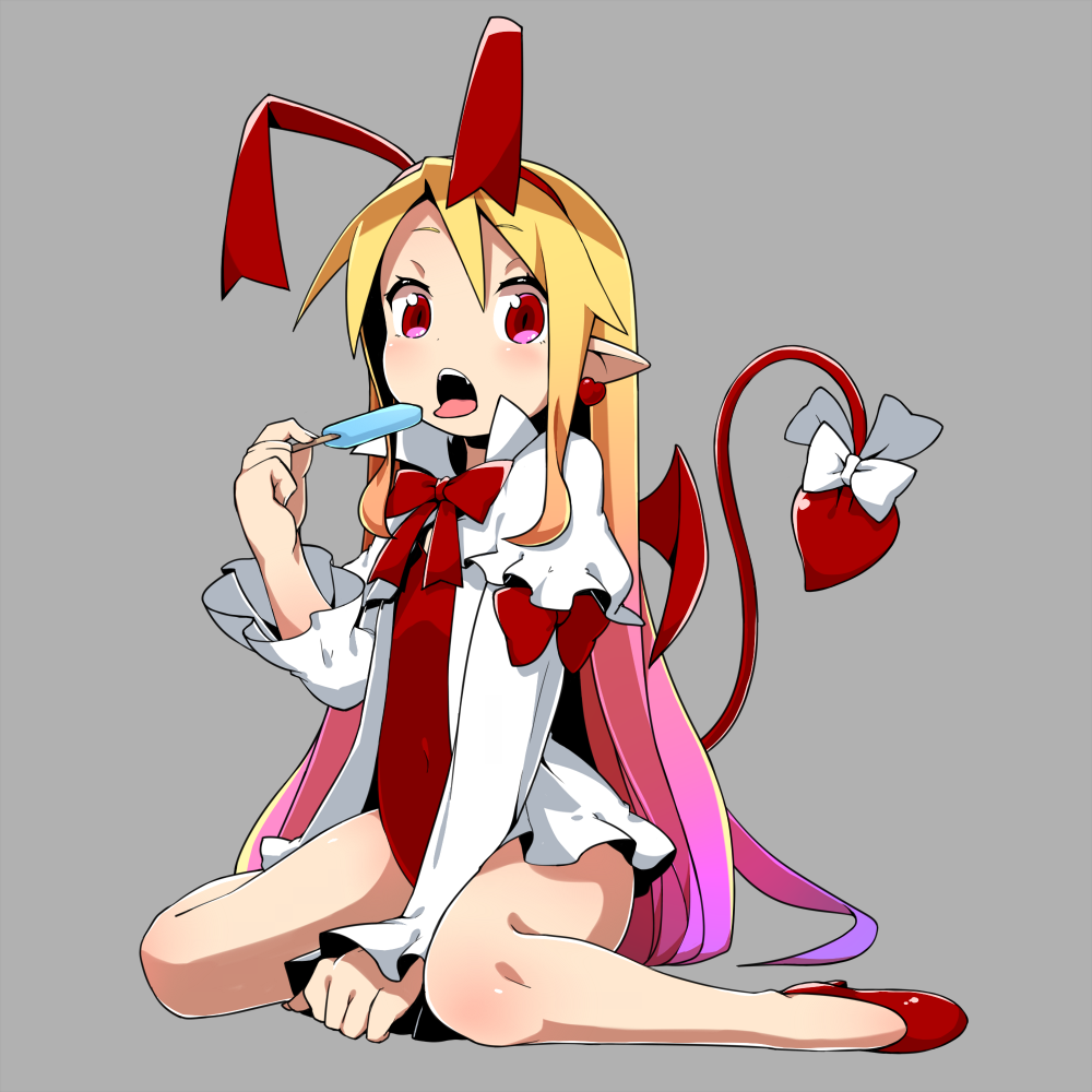 1girl, bat_wings, blonde_hair, bow, bowtie, demon_tail, disgaea, female_focus
