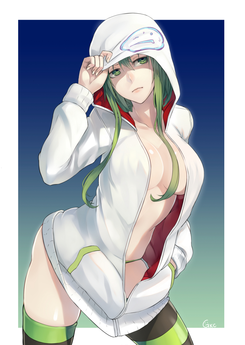1girl, breasts, cleavage, contrapposto, cowboy_shot, female_focus, green_eyes, green_hair