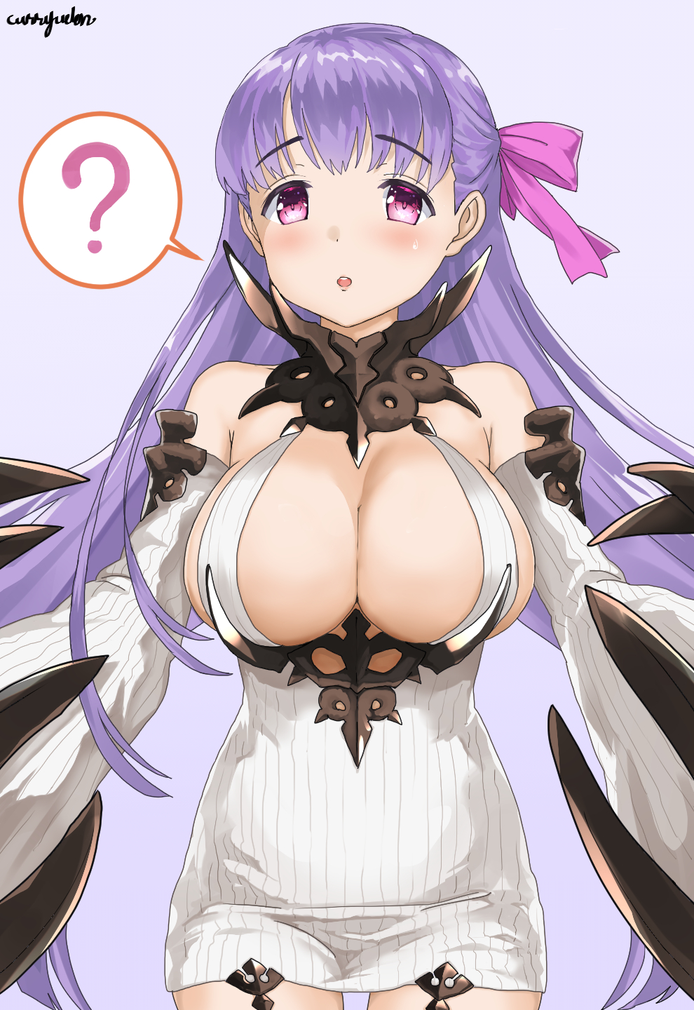10s, 1girl, ?, bare_shoulders, blush, breasts, claws, cleavage, cleavage_cutout, clothing_cutout, cosplay, curry_soba, detached_sleeves, dress, eyebrows, fate/extra, fate/extra_ccc, fate_(series), female_focus, hair_ribbon, highres, huge_breasts, kantai_collection, long_hair, open_mouth, passionlip_(fate), pink_eyes, purple_hair, ribbed_dress, ribbon, seaport_water_oni, seaport_water_oni_(cosplay), short_dress, simple_background, solo, speech_bubble, spoken_question_mark, sweatdrop, thigh_gap, very_long_hair, white_dress