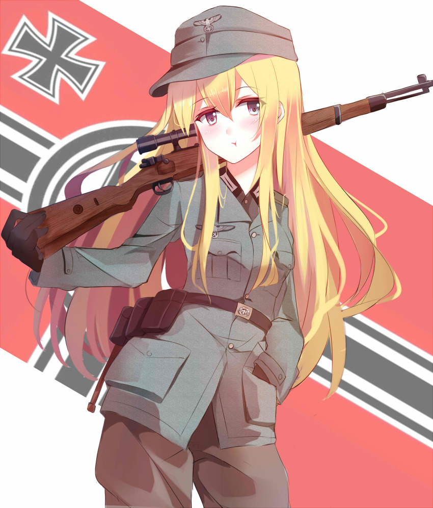 1girl, :t, absurdres, belt, blonde_hair, blue_eyes, blush, bolt_action, cowboy_shot, cross, explosive, female_focus, flag_background, gebirgsjager, gloves, grenade, gun, hand_grenade, hand_in_pocket, highres, iron_cross, karabiner_98k, mauser_98, nazi, nazi_war_ensign, original, pout, reichsadler, rifle, shigure_s, sniper_rifle, solo, stick_grenade, stielhandgranate, swastika, weapon, wehrmacht, world_war_ii