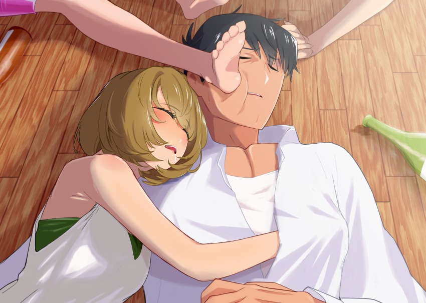 10s, 1boy, 3girls, bare_shoulders, barefoot, black_hair, blush, bottle, brown_hair, hanrei_(dqncncilust), highres, idolmaster, idolmaster_cinderella_girls, katagiri_sanae, lying, multiple_girls, on_back, parted_lips, producer_(idolmaster), producer_(idolmaster_cinderella_girls_anime), saliva, sleeping, sleeveless, sweatdrop, takagaki_kaede, teeth