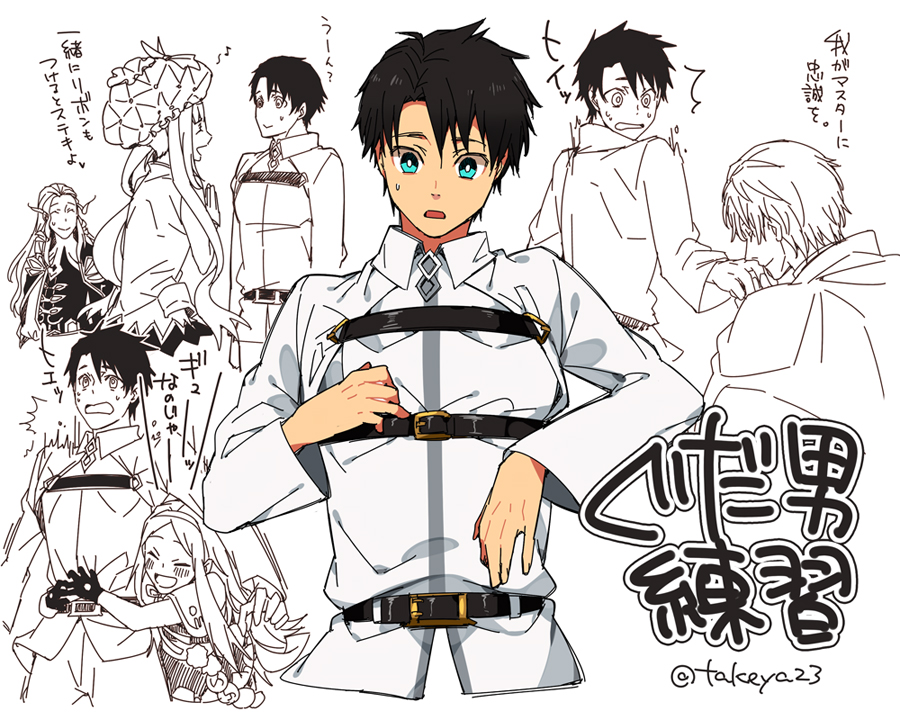 2girls, 3boys, aqua_eyes, bad_id, bad_pixiv_id, belt, black_hair, blush