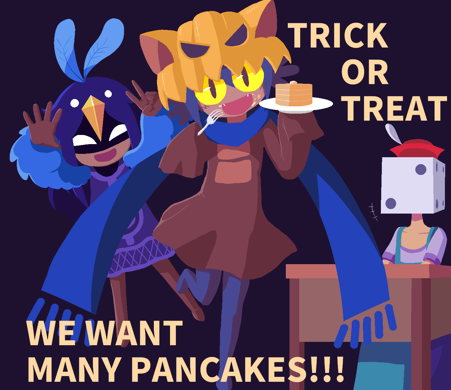 1girl, alula_(oneshot), ambiguous_gender, animal_ears, beak, blue_feathers, blue_hair, blue_scarf, cat, cat_ears, desk, dice, english_text, eten, fangs, feathers, food, food_on_face, fork, george_(oneshot), group_picture, halloween, hat, hat_feather, highres, long_sleeves, niko_(oneshot), oneshot_(game), pancake, pantyhose, plate, pumpkin_hat, red_hat, scarf, trick_or_treat, v, white_eyes, yellow_eyes