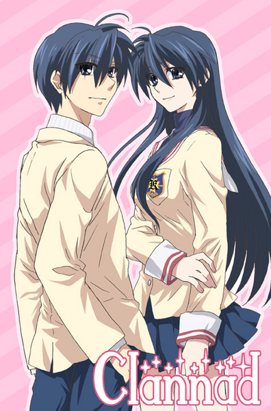 00s, 1boy, 1girl, antenna_hair, blue_eyes, blue_hair, breasts, clannad