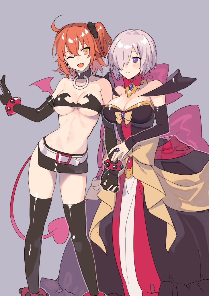 2girls, ;d, ahoge, anklet, bad_id, bad_twitter_id, bandeau, black_gloves, black_legwear, bow, bracelet, breasts, brooch, choker, cosplay, demon_tail, demon_wings, detached_collar, detached_sleeves, disgaea, dress, earrings, elbow_gloves, etna_(disgaea), etna_(disgaea)_(cosplay), fate/grand_order, fate_(series), fujimaru_ritsuka_(female), gloves, hair_ornament, hair_over_one_eye, hair_scrunchie, heart, heart_tail, holding_hands, interlocked_fingers, jewelry, large_breasts, makai_senki_disgaea, makai_senki_disgaea_2, mash_kyrielight, midriff, miniskirt, multiple_girls, navel, one_eye_closed, one_side_up, open_mouth, orange_hair, purple_eyes, purple_hair, ring, rozalin, rozalin_(cosplay), scrunchie, short_hair, side_ponytail, skirt, smile, strapless, tail, thighhighs, tube_top, wings, yayata_(884), yellow_eyes