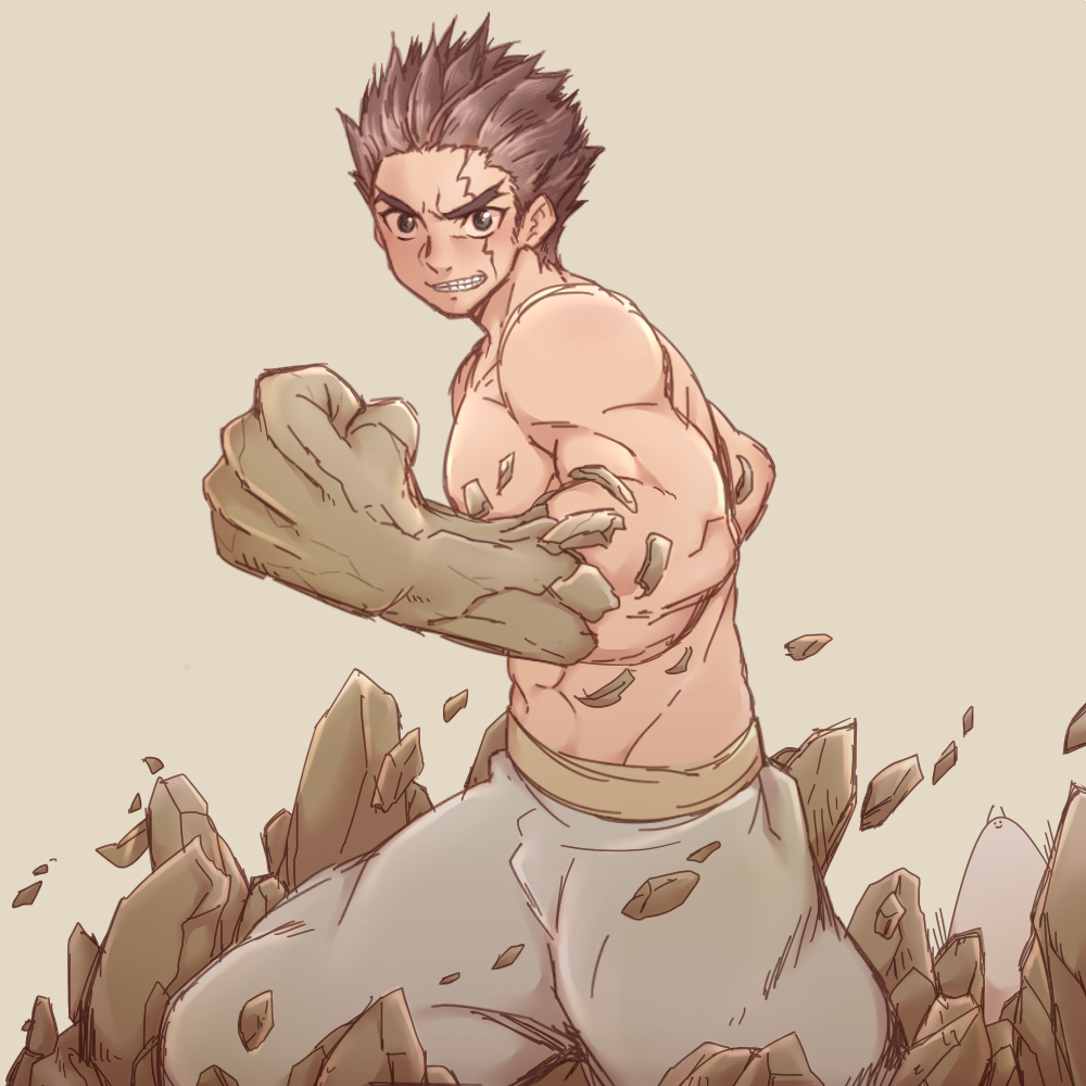 1boy, black_eyes, brown_hair, clenched_hand, clenched_teeth, cowboy_shot, dr._stone, eyebrows