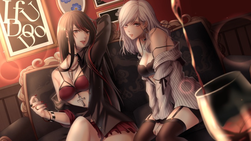 2girls, alcohol, black_bra, black_eyes, black_hair, black_legwear, black_shirt, blurry, blush, bra, bracelet, breasts, cleavage, collar, couch, cross, cross_necklace, cup, depth_of_field, drinking_glass, garter_straps, grey_eyes, ifuudoudou_(vocaloid), indie_utaite, indoors, jewelry, long_hair, looking_at_viewer, maka, medium_breasts, miniskirt, multicolored_hair, multiple_girls, nail_polish, necklace, off_shoulder, open_clothes, open_shirt, original, painting_(object), parted_lips, pouring, red_bra, red_eyes, red_nails, red_skirt, shirt, silver_hair, sitting, skirt, song_name, strap_slip, striped_clothes, striped_shirt, studded_collar, thighhighs, two-tone_hair, underwear, v_arms, vertical-striped_clothes, vertical-striped_shirt, very_long_hair, vocaloid, wine, wine_glass