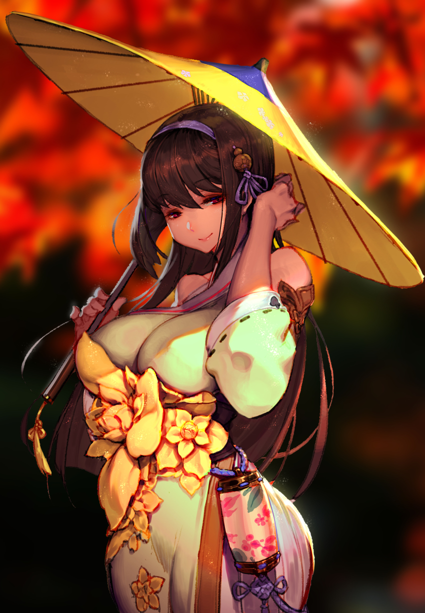 1girl, absurdres, adjusting_hair, bare_shoulders, breasts, brown_hair, covered_erect_nipples, curvy, female_focus, flower, hair_ornament, han-0v0, highres, japanese_clothes, large_breasts, long_hair, looking_at_viewer, oil-paper_umbrella, red_eyes, smile, solo, standing, umbrella, xian_jian_qi_xia_zhuan_(series), xianjian_qixia_zhuan, xianjian_qixia_zhuan_huanlijing
