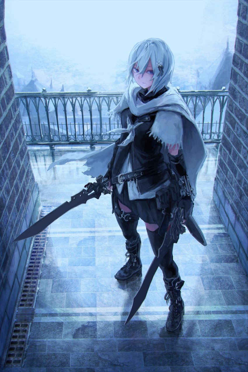 1girl, absurdres, aqua_hair, belt, black_boots, black_thighhighs, blue_background, blue_eyes
