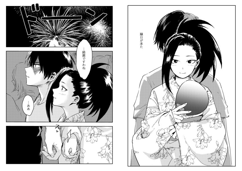 10s, 1boy, 1girl, blush, boku_no_hero_academia, comic, fireworks, greyscale