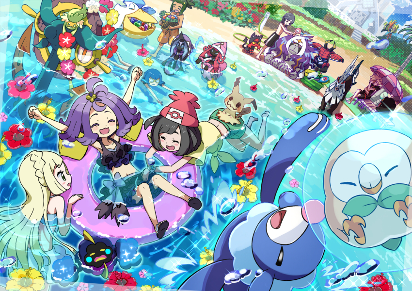 4boys, 4girls, ^_^, acerola_(pokemon), arms_up, basket, beach, beanie