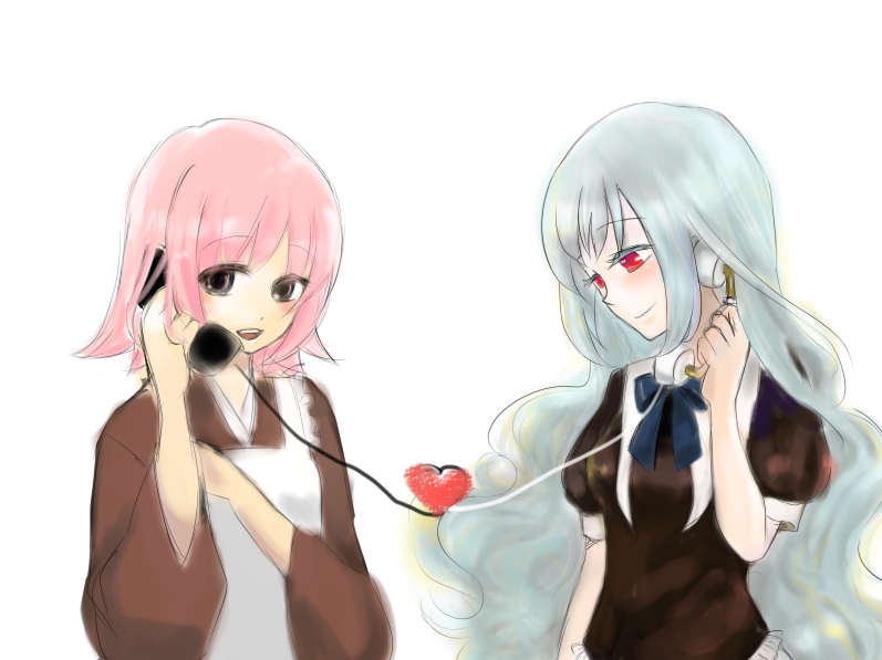 2girls, blue_hair, cosplay, iron_maiden_jeanne, japanese_clothes, kohaku_(cosplay), kohaku_(tsukihime), multiple_girls, phone, pink_hair, shaman_king, shimbashi, tamamura_tamao, tsukihime