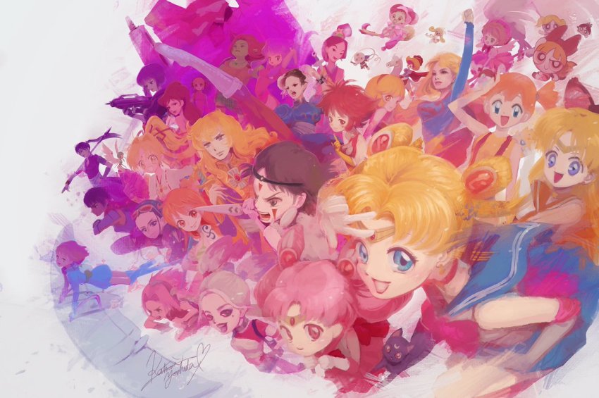 1990s_(style), 6+girls, aino_minako, bishoujo_senshi_sailor_moon, blonde_hair, blossom_(ppg), blue_eyes, boots, bow, breasts, brown_hair, bubbles_(ppg), buttercup_(ppg), capcom, cape, cardcaptor_sakura, cat, character_request, chibi_usa, choker, chun-li, circlet, cone_hair_bun, crossover, cutie_honey, cutie_honey_(character), dark-skinned_female, dark_skin, dc_comics, disney, fa_mulan_(disney), facepaint, finn_fish, gen_2_pokemon, ghost_in_the_shell, glasses, green_hair, gun, hair_bun, hair_ornament, harley_quinn, haruno_sakura, hat, headband, horse, kaitou_jeanne, kamikaze_kaitou_jeanne, kathmi, kaze_no_tani_no_nausicaa, kinomoto_sakura, kinomoto_sakura_(magician), kunai, kusakabe_maron, long_hair, looking_at_viewer, lupin_iii, mine_fujiko, misty_(pokemon), mononoke_hime, mulan_(movie), multiple_crossover, multiple_girls, nami_(one_piece), nami_(one_piece)_(return_to_sabaody), naruto_(classic), naruto_(series), nausicaa, nico_robin_(return_to_sabaody), nintendo, one_piece, open_mouth, pink_hair, poke_ball, pokemon, pokemon_(creature), ponytail, powerpuff_girls, princess_sapphire, ranma_1/2, red_hair, retro_artstyle, ribbon, ribbon_no_kishi, sailor_moon, sailor_venus, san_(mononoke_hime), school_uniform, serafuku, shampoo_(ranma_1/2), short_hair, signature, simple_background, skirt, smile, street_fighter, studio_ghibli, suicide_squad, suicide_squad_(2016_movie), supergirl, superhero_costume, suspenders, tattoo, togepi, tomoeda_middle_school_uniform, tsukino_usagi, twintails, weapon, white_hair, wings, yellow_eyes