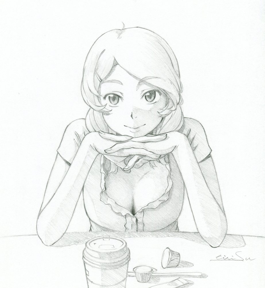 1girl, :>, artist_name, breasts, cleavage, closed_mouth, commentary_request, creamer_packet