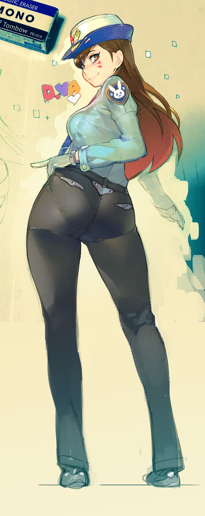 1girl, ass, breasts, brown_eyes, brown_hair, character_name, contrapposto, d.va_(overwatch), eraser, facial_mark, female_focus, female_service_cap, flat_ass, from_behind, full_body, gloves, hand_on_own_hip, hat, highres, long_hair, looking_back, medium_breasts, namaniku_atk, necktie, officer_d.va, overwatch, overwatch_1, pantylines, photo_(medium), police, police_hat, police_uniform, policewoman, smile, solo, white_gloves