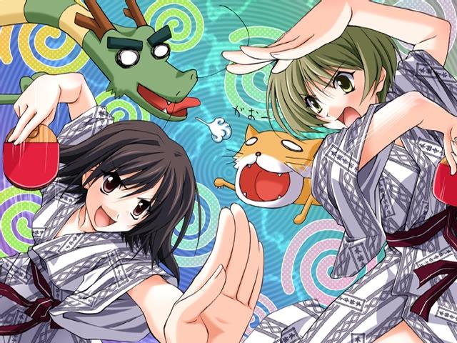 2girls, black_eyes, black_hair, dragon, fighting_stance, foreshortening, game_cg, green_eyes