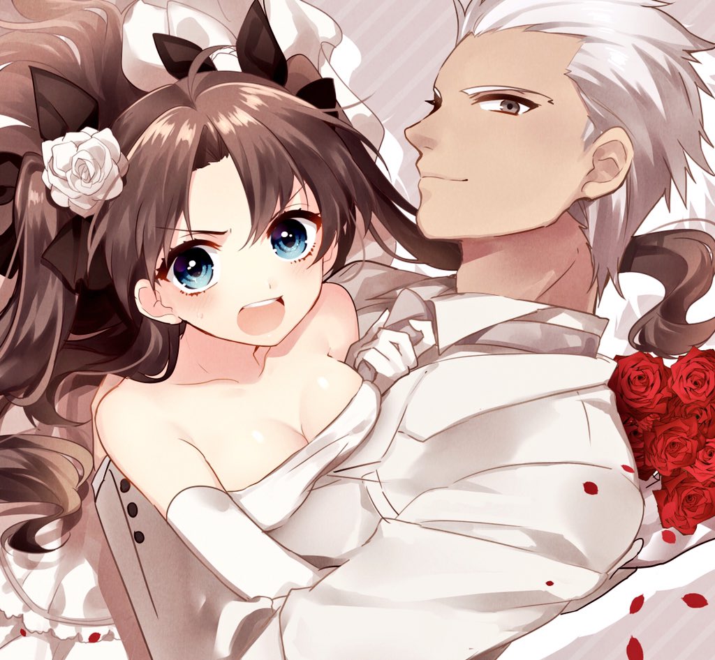 1girl, archer_(fate), bare_shoulders, black_hair, blue_eyes, breasts, bride, dark_skin