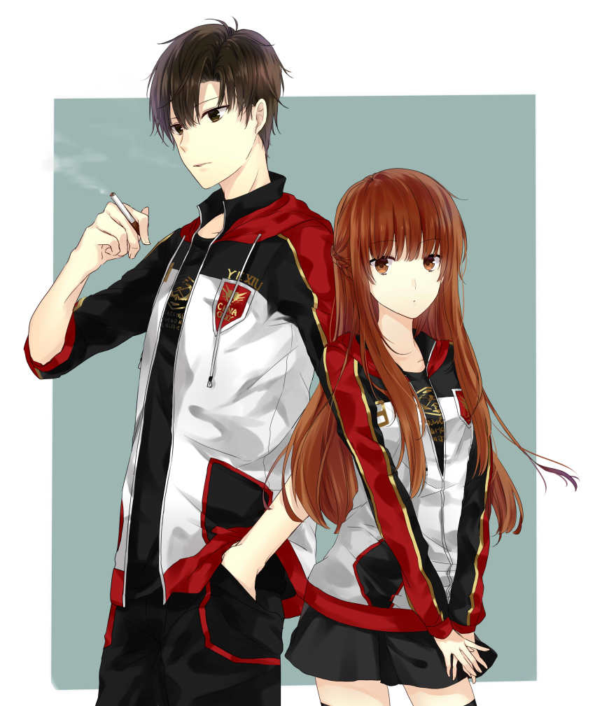 1boy, 1girl, absurdres, black_hair, braid, brown_eyes, brown_hair, cigarette