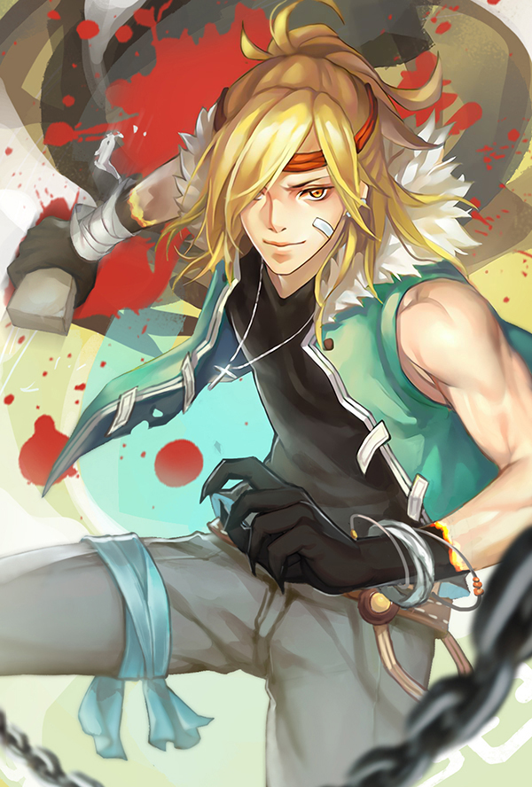 1boy, bandana, black_gloves, blonde_hair, brick, cross, cross_necklace, dywx_poison, gloves, hair_over_one_eye, jewelry, looking_at_viewer, male_focus, necklace, ponytail, quan_zhi_gao_shou, short_hair, smile, solo, steam_bun_(quan_zhi_gao_shou), vest, yellow_eyes