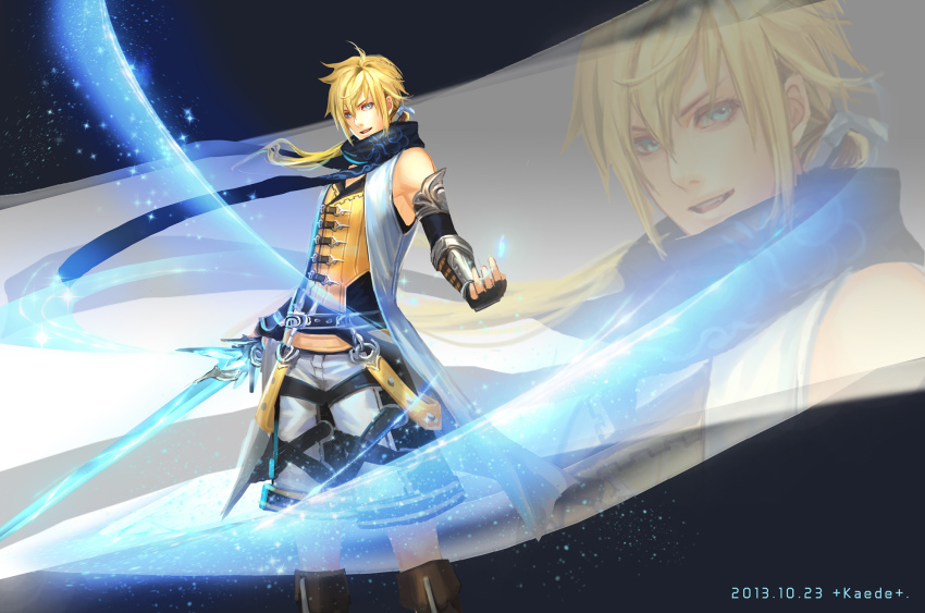 1boy, armor, bare_shoulders, belt, blonde_hair, blue_eyes, blue_scarf, dated, fingerless_gloves, gauntlets, gloves, glowing, glowing_sword, glowing_weapon, highres, huang_shaotian, huang_shaotian_(troubling_rain), kaede1231, male_focus, ponytail, quan_zhi_gao_shou, scarf, solo, sword, troubling_rain, weapon, zoom_layer