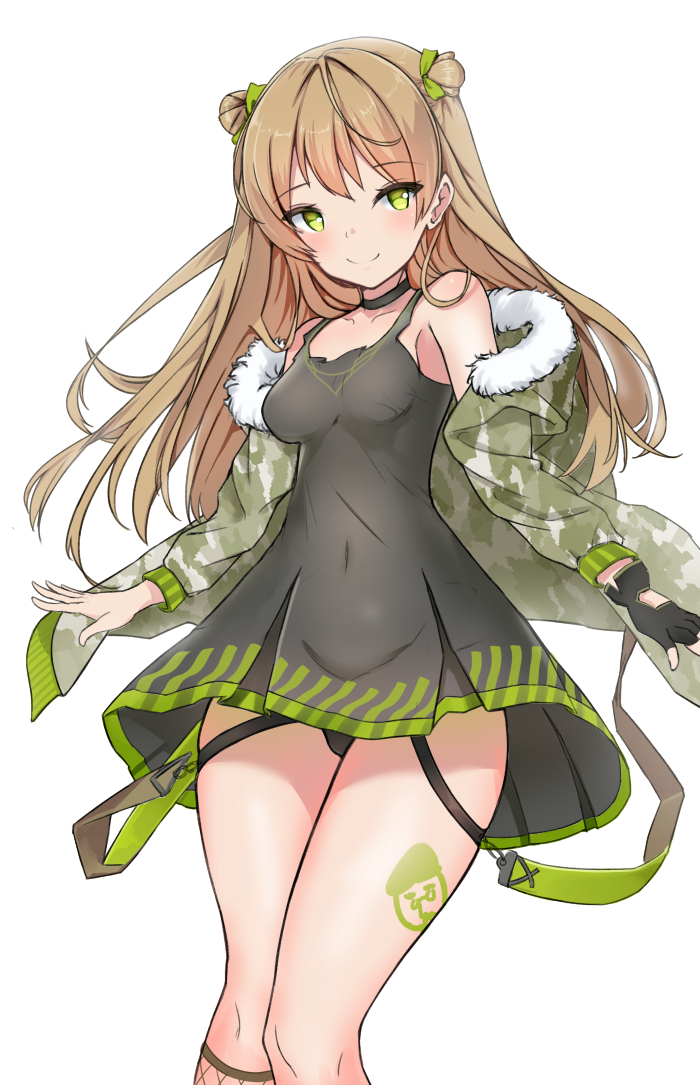 1girl, black_panties, blush, brown_hair, choker, dress, female_focus, fingerless_gloves, fur_trim, girls'_frontline, gloves, green_eyes, jacket, kela, leg_tattoo, long_hair, looking_at_viewer, panties, pantyshot, rfb_(girls'_frontline), single_glove, smile, solo, standing, tattoo, underwear