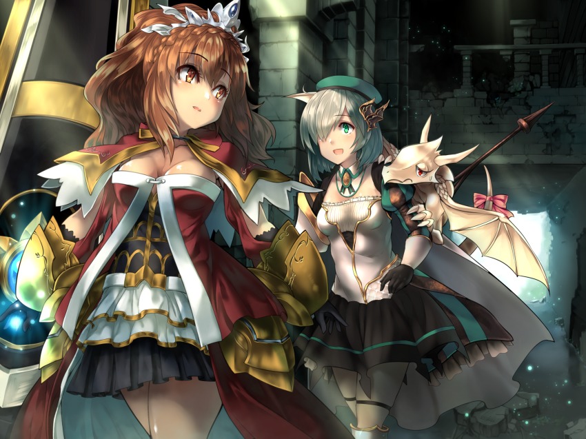 2girls, :d, animal, animal_on_shoulder, aqua_eyes, aqua_hat, armor, black_gloves