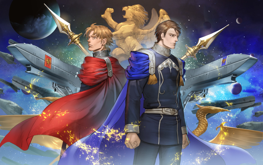 2boys, akakokko_(niro_azarashi), back-to-back, beowulf_(gin'eiden), black_hair, blonde_hair, cape, ginga_eiyuu_densetsu