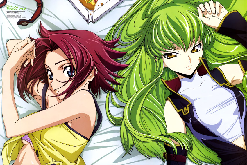 2girls, absurdres, blue_eyes, breasts, c.c., chiba_yuriko, code_geass, green_eyes, highres, kouzuki_kallen, long_hair, lying, multiple_girls, official_art, red_hair, shibata_akiko, short_hair, underboob