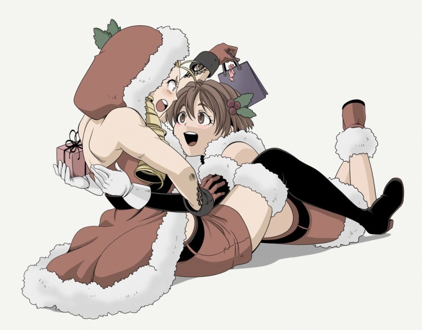 2girls, alternate_costume, antenna_hair, backless_outfit, bad_id, bad_pixiv_id, bag, bare_shoulders, belt, black_legwear, blonde_hair, blush, boots, box, brown_eyes, brown_hair, christmas, christmas_present, constricted_pupils, detached_sleeves, drill_hair, embarrassed, eye_contact, full_body, gift, gift_box, gloves, hair_ornament, hood, hug, kanzuki_karin, kasugano_sakura, long_hair, looking_at_another, lying, may0ray0, multiple_girls, on_stomach, open_mouth, ringlets, shoes, skirt, sleeveless, smile, street_fighter, street_fighter_v, thigh_boots, thighhighs, tongue, white_gloves, yuri