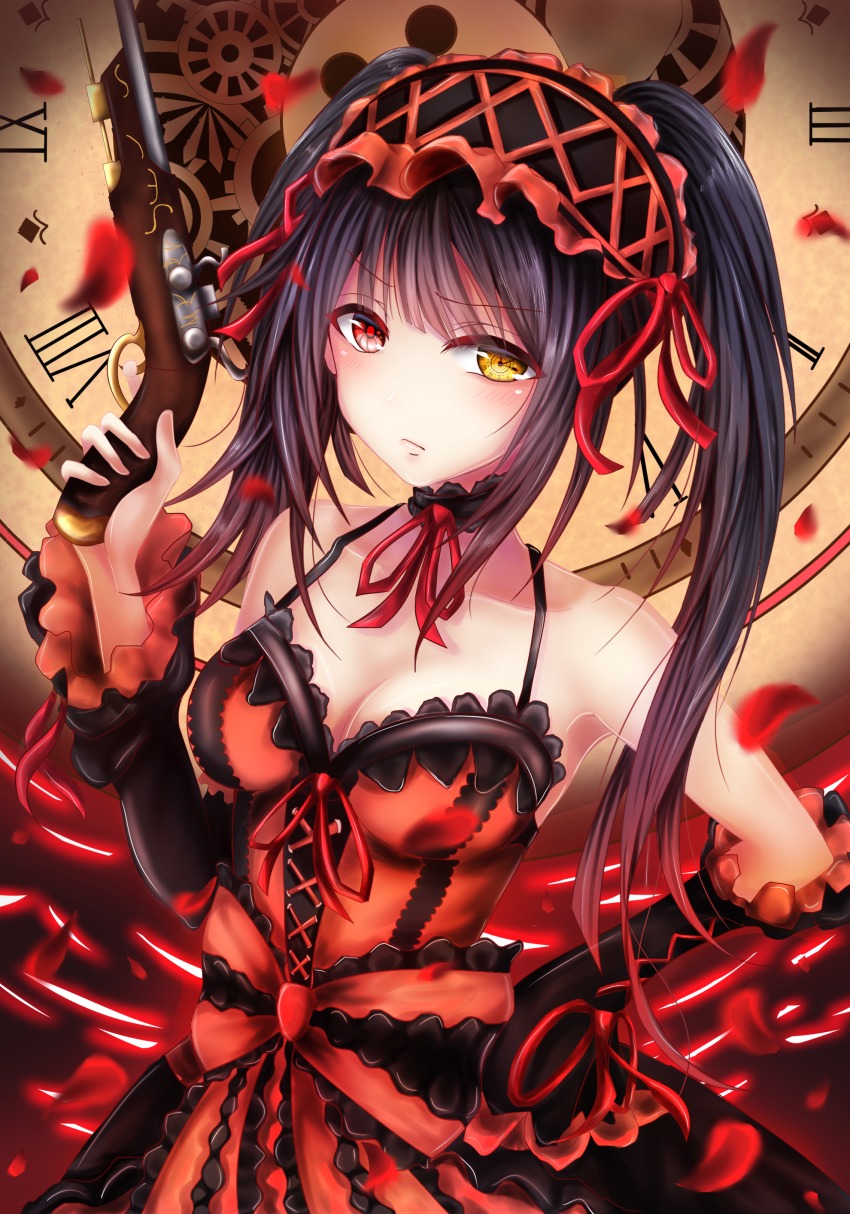 10s, 1girl, absurdres, bare_shoulders, blush, breasts, choker, cleavage, clock, clockwork, date_a_live, detached_sleeves, dress, female_focus, gears, gothic_lolita, gun, hand_on_own_head, handgun, heterochromia, highres, lace, lace_choker, lolita_fashion, looking_at_viewer, medium_breasts, nyamu_(nyamu0004), pistol, solo, tokisaki_kurumi, twintails, weapon