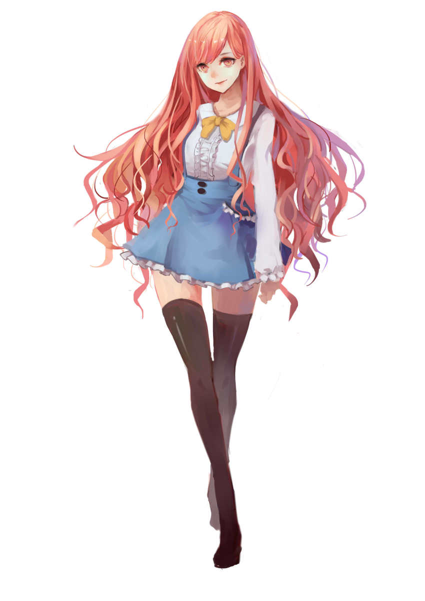 1girl, bad_id, bad_pixiv_id, black_thighhighs, blue_skirt, bow, female_focus, frilled_shirt, frills, full_body, highres, lenka1264504528, long_hair, long_sleeves, looking_at_viewer, miracle_nikki, nikki_(series), nikki_up2u2:_world_traveller, original, pink_eyes, pink_hair, shirt, simple_background, skirt, smile, solo, suspender_skirt, suspenders, swept_bangs, thighhighs, very_long_hair, walking, wavy_hair, white_background, zettai_ryouiki