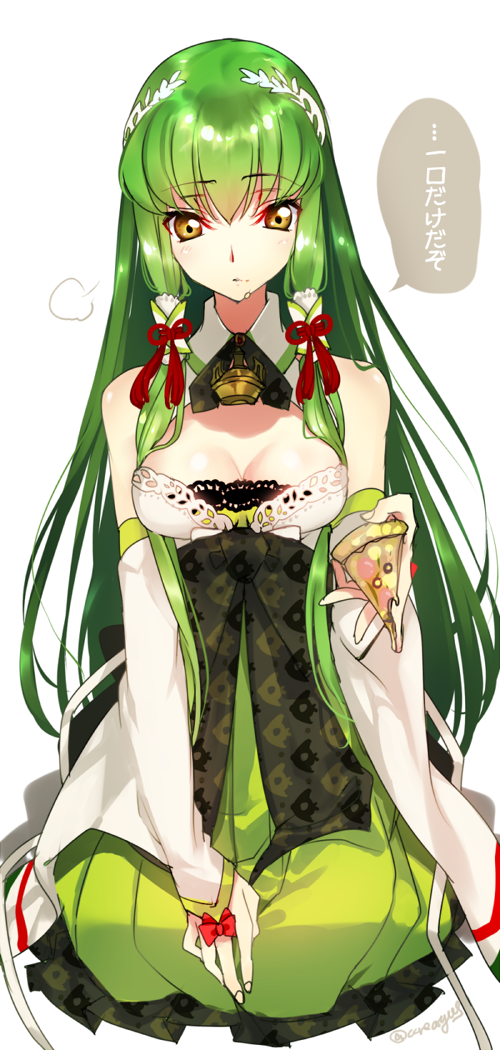 1girl, breasts, c.c., cleavage, code_geass, commentary_request, cosplay, creayus, detached_sleeves, female_focus, food, food_on_face, green_hair, japanese_clothes, kantai_collection, long_hair, looking_at_viewer, medium_breasts, mizuho_(kancolle), mizuho_(kancolle)_(cosplay), pizza, pizza_slice, seiza, sidelocks, simple_background, sitting, solo, twitter_username, very_long_hair, white_background, yellow_eyes