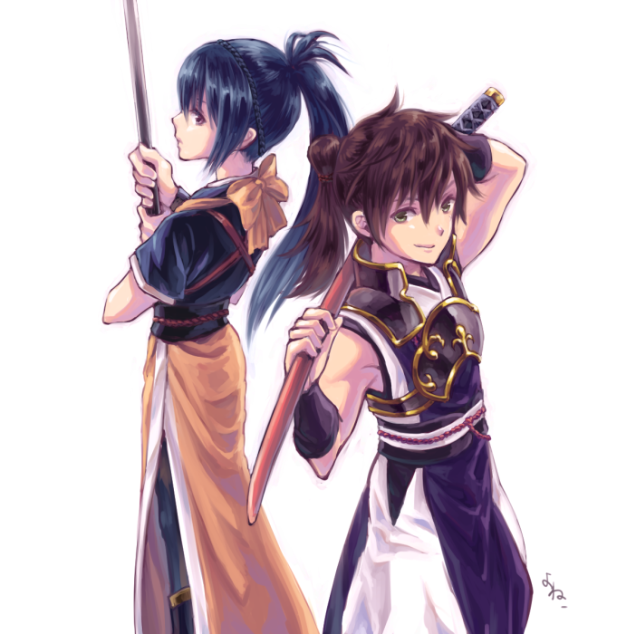 1boy, 1girl, fire_emblem, fire_emblem_fates, hinata_(fire_emblem), holding, holding_weapon, japanese_clothes
