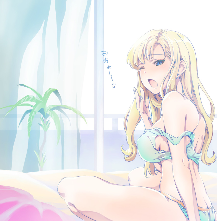 10s, 1girl, ;o, arm_at_side, arms_up, bare_arms, bare_legs, bare_shoulders, bed, bed_sheet, blonde_hair, blue_bra, blue_eyes, blue_panties, blush, bra, breasts, butt_crack, commentary_request, covered_erect_nipples, curtains, female_focus, granblue_fantasy, highres, indoors, large_breasts, long_hair, looking_at_viewer, morning_after, nokinhizadati, off_shoulder, on_bed, one_eye_closed, open_mouth, panties, plant, potted_plant, sideboob, sitting, solo, spread_legs, strap_slip, teardrop, text_focus, translated, underwear, underwear_only, waking_up, window, yawning, zeta_(granblue_fantasy)